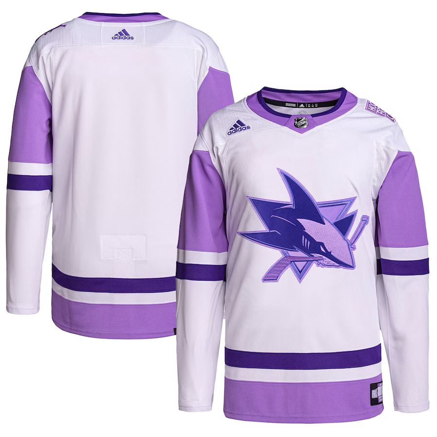 Men San Jose Sharks adidas White Purple Hockey Fights Cancer Primegreen Authentic Blank Practice NHL Jersey->customized nhl jersey->Custom Jersey